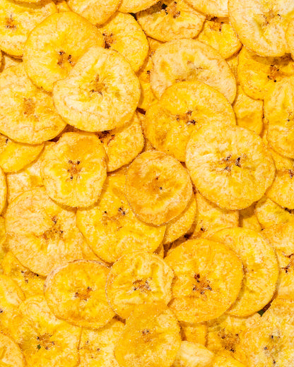 Close-up of golden plantain chips